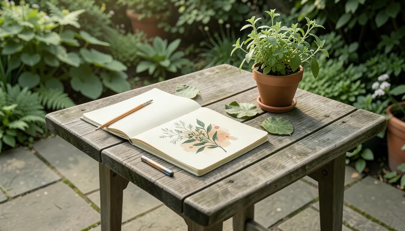 Illustration of a garden table with an open notebook, a pencil and a potted herb