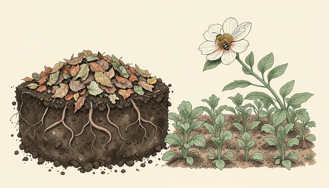Illustration of rich garden soil with roots and earthworms beside a compost heap and a vegetable bed