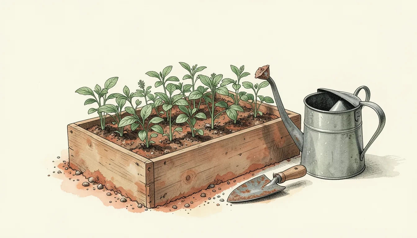 Illustration of a small raised garden bed with young vegetable seedlings, a trowel and a watering can