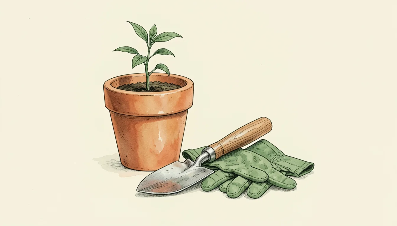 Illustration of garden hand tools laid out on a wooden bench